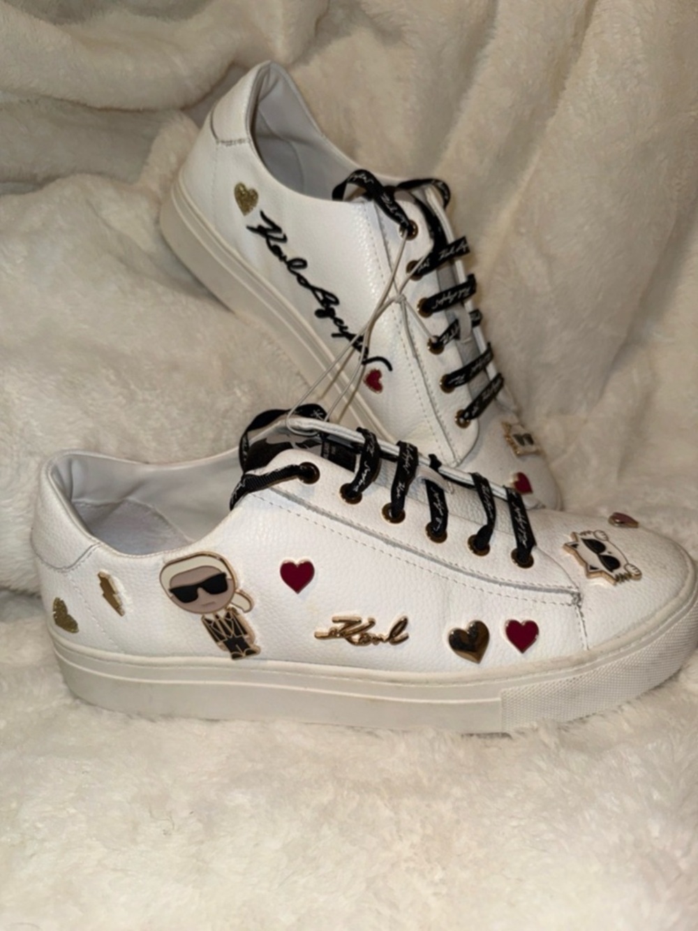 Karl Lagerfeld White Leather Low-Top Sneakers with Gold & Red Accents